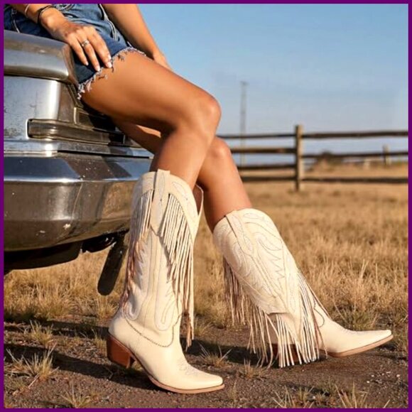 Women's Knee High Cowboy Boots Fringe Embroidery Chunky Heel Western - Picture 3 of 7